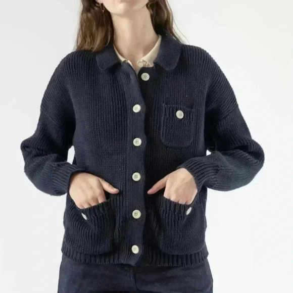J. Jill Sweater Large Long Heavy Chunky Knit Navy Dark Blue Boxy Chic - Picture 1 of 7